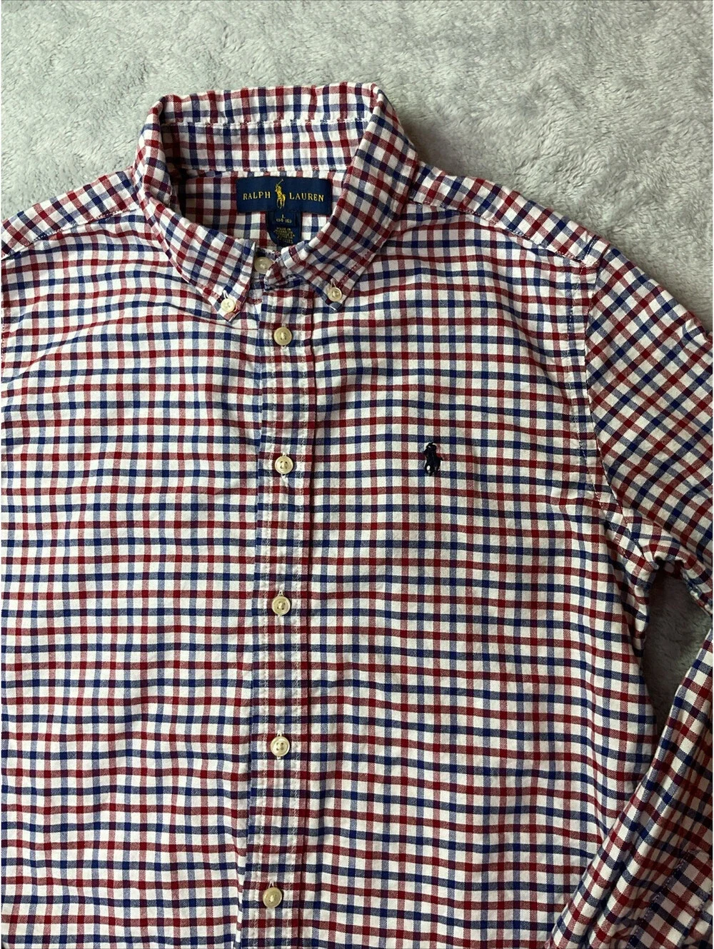 Ralph Lauren Plaid Button Up Dress Shirt Boy's Size L( 14-16) Red White Blue
